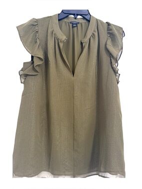 Ann Taylor Olive Green Ruffle Sleeve V-Neck Blouse. Sz S